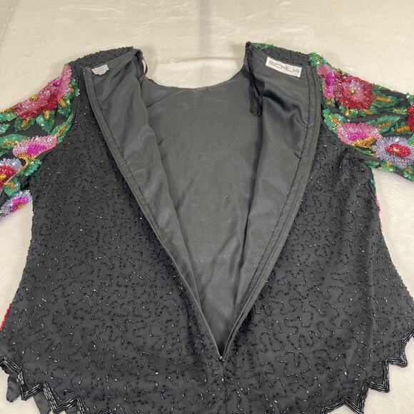 VINTAGE Scala Silk Top Womens 1X Magenta Black Green Floral All Over Sequin - Picture 7 of 11